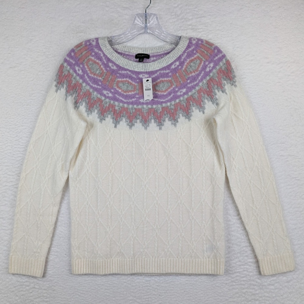 NWT Talbots Sweater Womens XS Cream Wool Blend Crew Neck Fair Isle Pullover